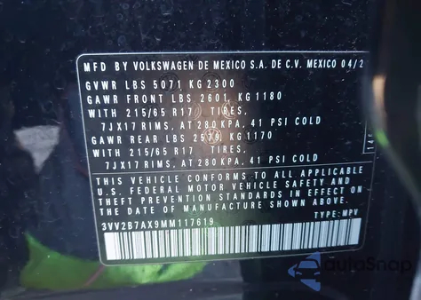 2021 Volkswagen Tiguan 2.0T Se/2.0T Se R-Line Black/2.0T Sel из США, поврежденный, VIN 3VV2B7AX9MM117619